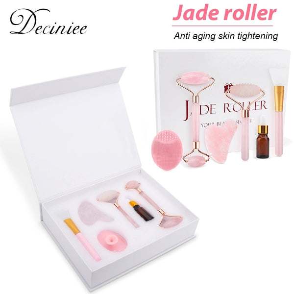 6PCS/Set Rose Jade Roller Set Natural Quartz Stone Massage Facial Massager